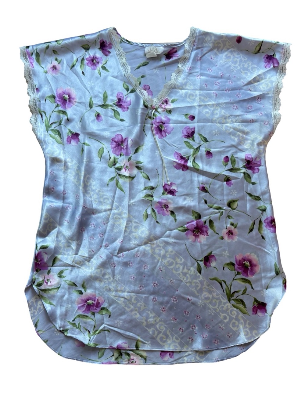 Vtg LA Intimates Silky Floral Lavender Pajama Dress Nightgown Lace M Cottagecore